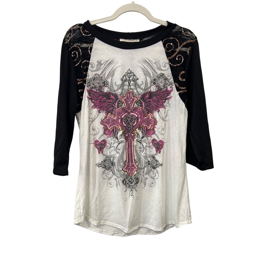 Cowgirls and Diamonds Cross Graphic Raglan Shirt XL White Black Sequin Lace NEW